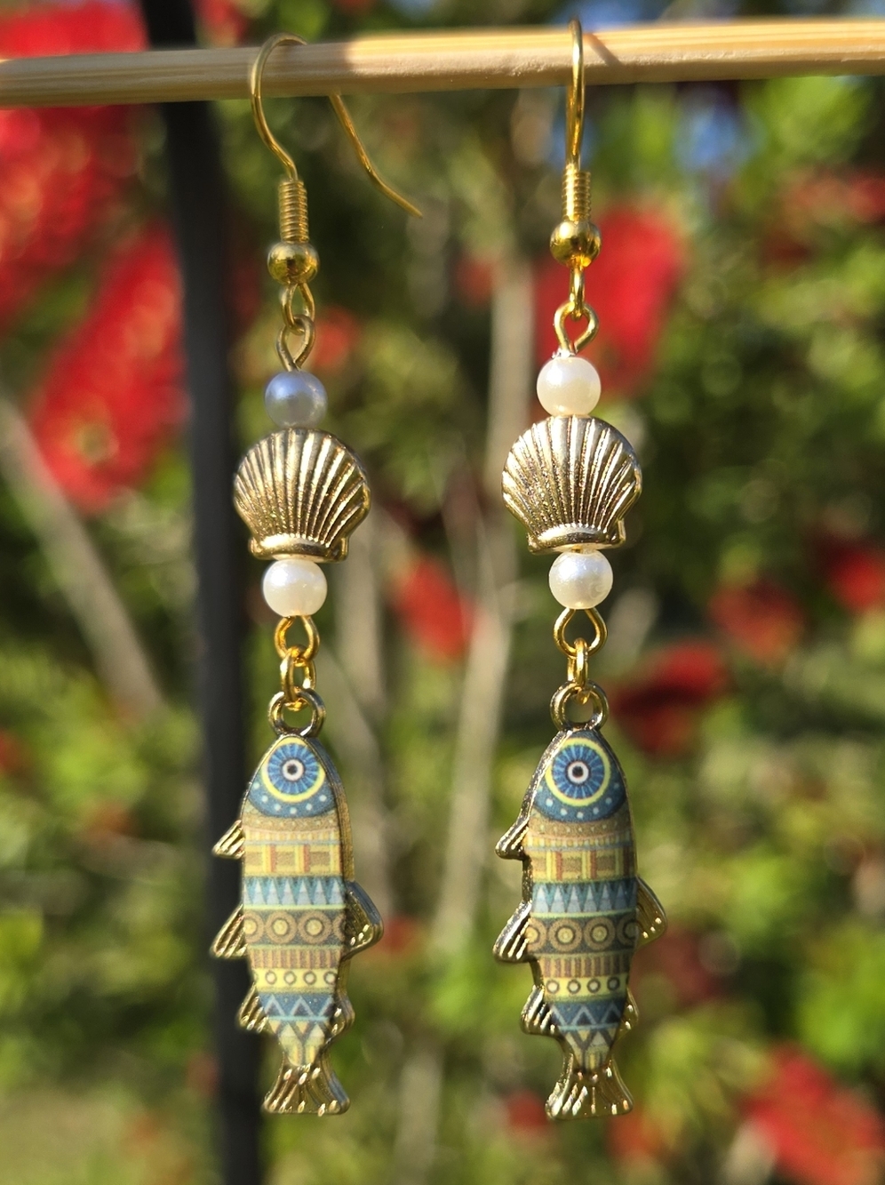 Blue Fish Faux Pearl Dangle Earrings
